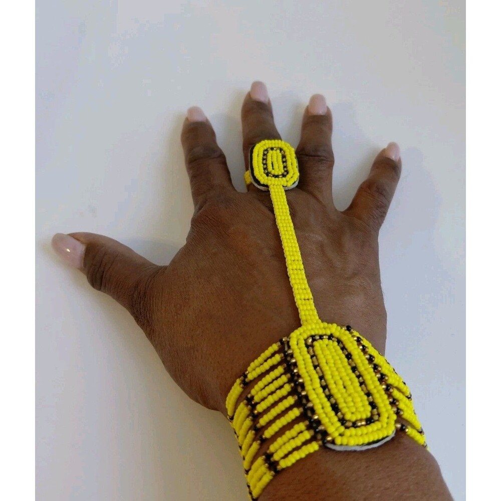 Kenyan Maasai Handmade Yellow Beaded Bracelet/Ring Combination